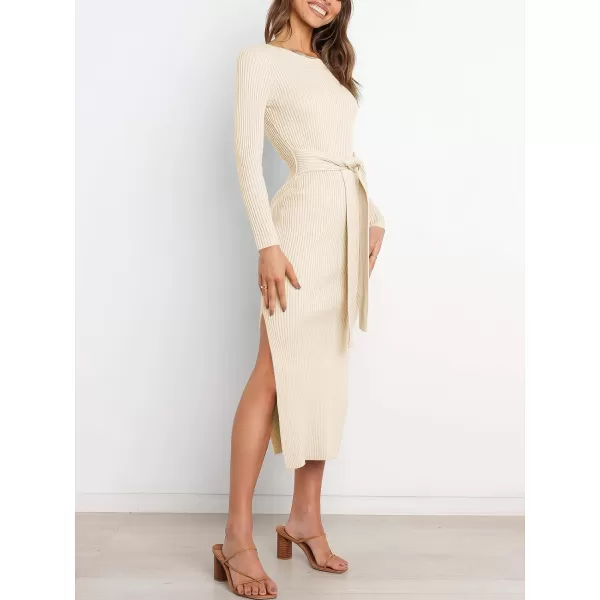 imageANRABESS Womens 2023 Fall Elegant Sweater Dress Long Sleeve Crewneck Tie Waist Slim Rib Knit Slit Bodycon Midi DressBeige