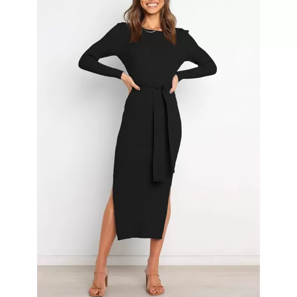 imageANRABESS Womens 2023 Fall Elegant Sweater Dress Long Sleeve Crewneck Tie Waist Slim Rib Knit Slit Bodycon Midi DressBlack