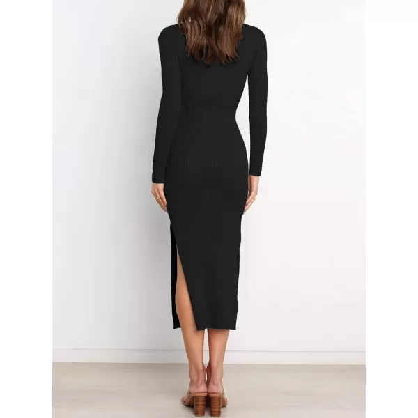 imageANRABESS Womens 2023 Fall Elegant Sweater Dress Long Sleeve Crewneck Tie Waist Slim Rib Knit Slit Bodycon Midi DressBlack