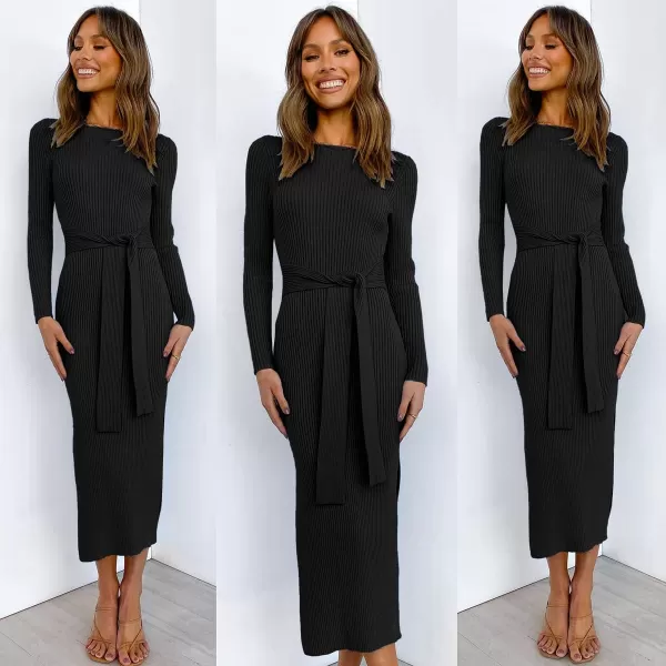 imageANRABESS Womens 2023 Fall Elegant Sweater Dress Long Sleeve Crewneck Tie Waist Slim Rib Knit Slit Bodycon Midi DressBlack