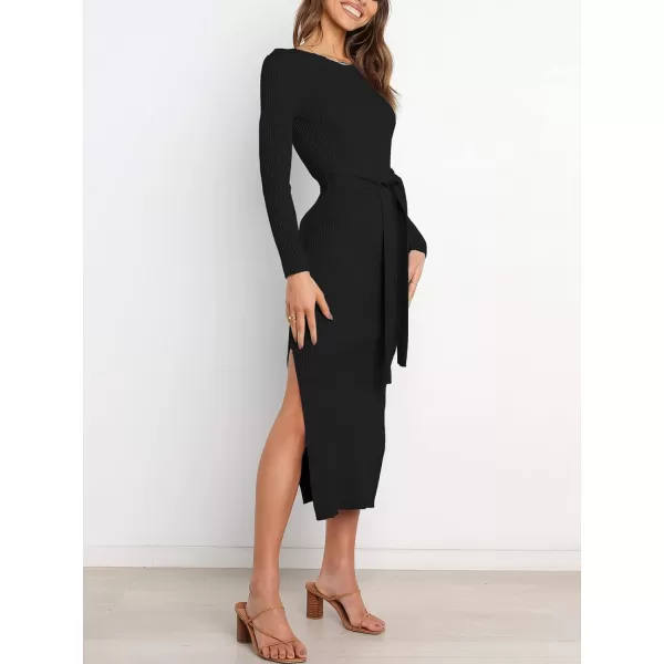 imageANRABESS Womens 2023 Fall Elegant Sweater Dress Long Sleeve Crewneck Tie Waist Slim Rib Knit Slit Bodycon Midi DressBlack