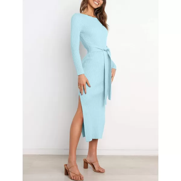 imageANRABESS Womens 2023 Fall Elegant Sweater Dress Long Sleeve Crewneck Tie Waist Slim Rib Knit Slit Bodycon Midi DressBlue