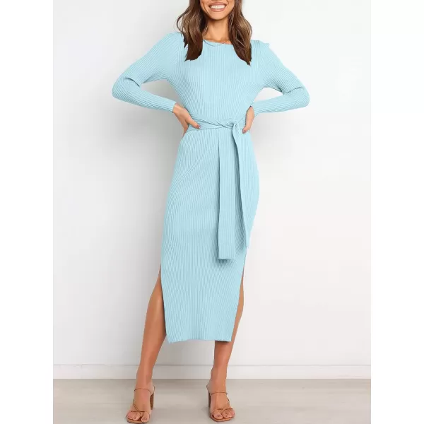 imageANRABESS Womens 2023 Fall Elegant Sweater Dress Long Sleeve Crewneck Tie Waist Slim Rib Knit Slit Bodycon Midi DressBlue