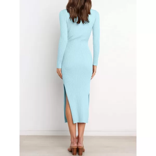 imageANRABESS Womens 2023 Fall Elegant Sweater Dress Long Sleeve Crewneck Tie Waist Slim Rib Knit Slit Bodycon Midi DressBlue