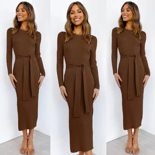 imageANRABESS Womens 2023 Fall Elegant Sweater Dress Long Sleeve Crewneck Tie Waist Slim Rib Knit Slit Bodycon Midi DressBrown