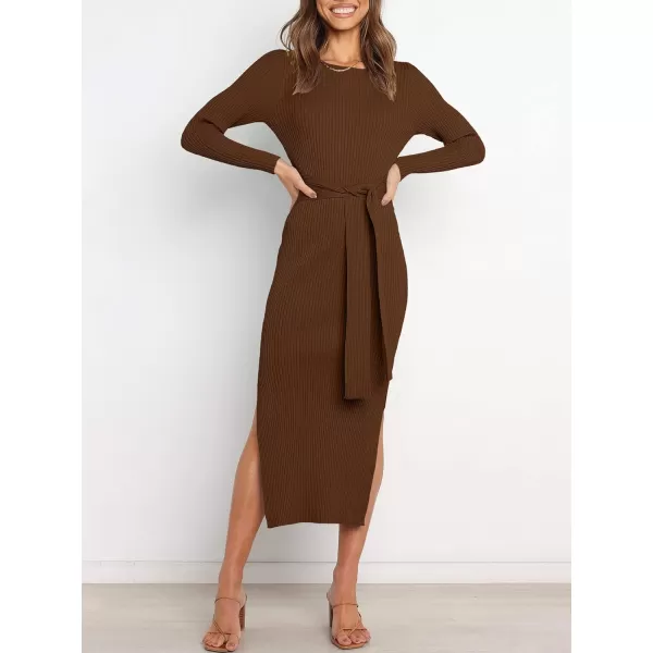 imageANRABESS Womens 2023 Fall Elegant Sweater Dress Long Sleeve Crewneck Tie Waist Slim Rib Knit Slit Bodycon Midi DressBrown