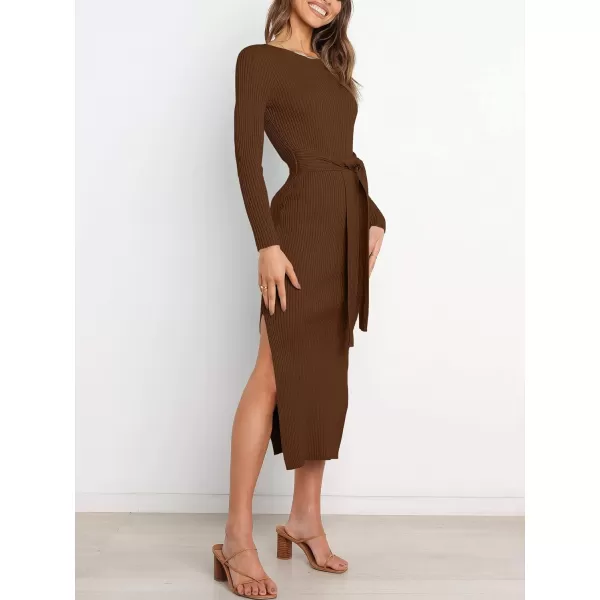 imageANRABESS Womens 2023 Fall Elegant Sweater Dress Long Sleeve Crewneck Tie Waist Slim Rib Knit Slit Bodycon Midi DressBrown