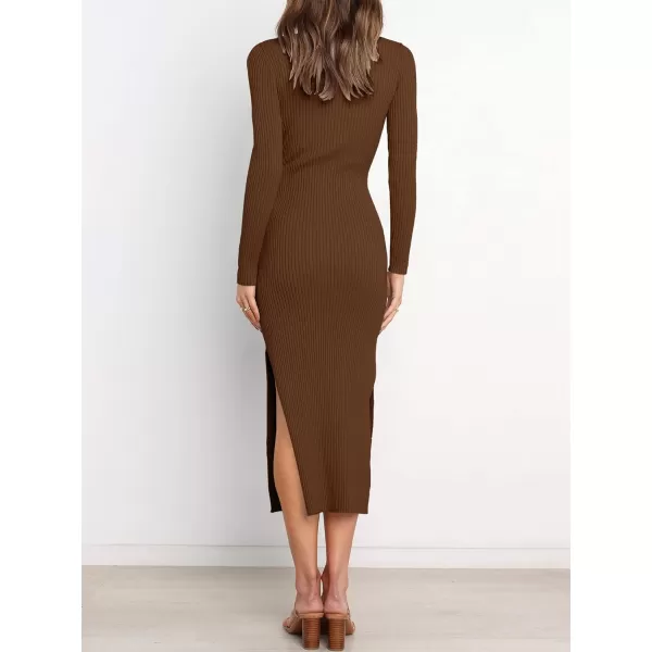 imageANRABESS Womens 2023 Fall Elegant Sweater Dress Long Sleeve Crewneck Tie Waist Slim Rib Knit Slit Bodycon Midi DressBrown