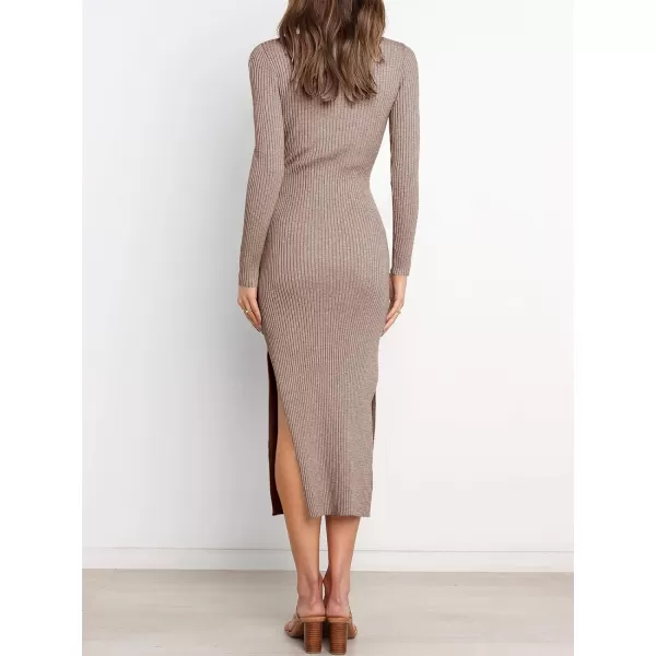 imageANRABESS Womens 2023 Fall Elegant Sweater Dress Long Sleeve Crewneck Tie Waist Slim Rib Knit Slit Bodycon Midi DressCamel