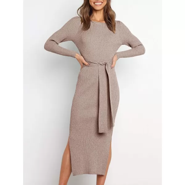 imageANRABESS Womens 2023 Fall Elegant Sweater Dress Long Sleeve Crewneck Tie Waist Slim Rib Knit Slit Bodycon Midi DressCamel