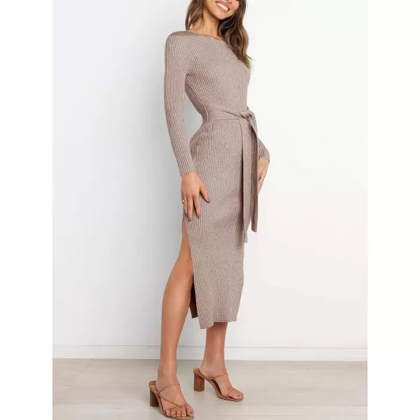 imageANRABESS Womens 2023 Fall Elegant Sweater Dress Long Sleeve Crewneck Tie Waist Slim Rib Knit Slit Bodycon Midi DressCamel