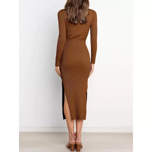 imageANRABESS Womens 2023 Fall Elegant Sweater Dress Long Sleeve Crewneck Tie Waist Slim Rib Knit Slit Bodycon Midi DressCaramel