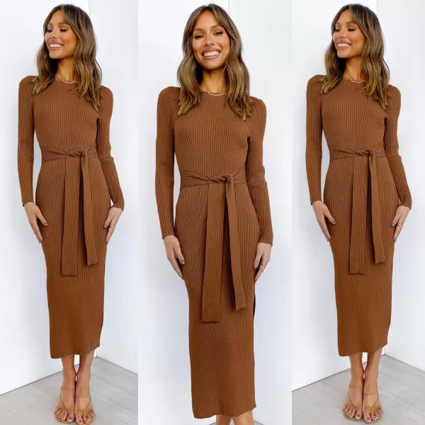 imageANRABESS Womens 2023 Fall Elegant Sweater Dress Long Sleeve Crewneck Tie Waist Slim Rib Knit Slit Bodycon Midi DressCaramel
