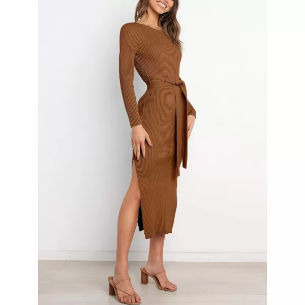 imageANRABESS Womens 2023 Fall Elegant Sweater Dress Long Sleeve Crewneck Tie Waist Slim Rib Knit Slit Bodycon Midi DressCaramel