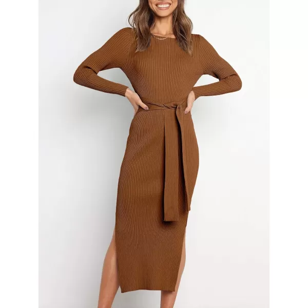 imageANRABESS Womens 2023 Fall Elegant Sweater Dress Long Sleeve Crewneck Tie Waist Slim Rib Knit Slit Bodycon Midi DressCaramel