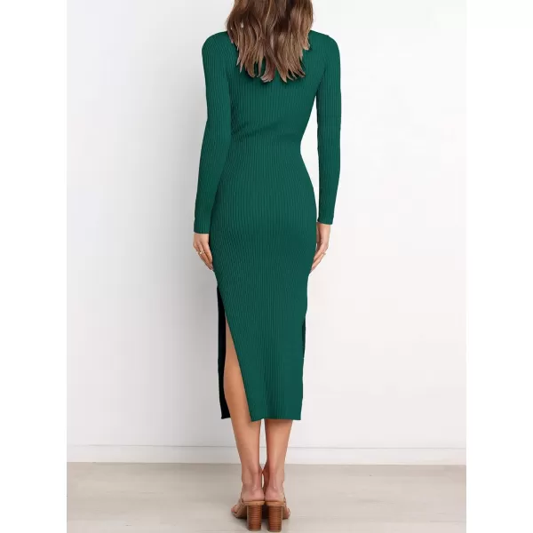 imageANRABESS Womens 2023 Fall Elegant Sweater Dress Long Sleeve Crewneck Tie Waist Slim Rib Knit Slit Bodycon Midi DressDark Green