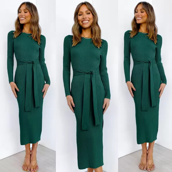 imageANRABESS Womens 2023 Fall Elegant Sweater Dress Long Sleeve Crewneck Tie Waist Slim Rib Knit Slit Bodycon Midi DressDark Green