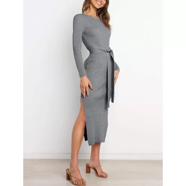 imageANRABESS Womens 2023 Fall Elegant Sweater Dress Long Sleeve Crewneck Tie Waist Slim Rib Knit Slit Bodycon Midi DressDark Grey