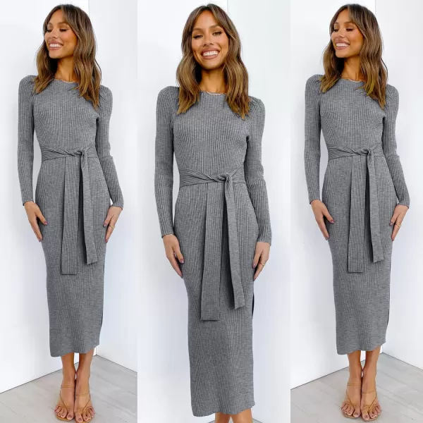 imageANRABESS Womens 2023 Fall Elegant Sweater Dress Long Sleeve Crewneck Tie Waist Slim Rib Knit Slit Bodycon Midi DressDark Grey
