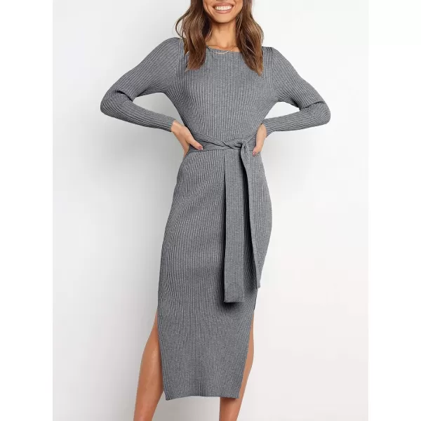 imageANRABESS Womens 2023 Fall Elegant Sweater Dress Long Sleeve Crewneck Tie Waist Slim Rib Knit Slit Bodycon Midi DressDark Grey