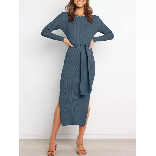 imageANRABESS Womens 2023 Fall Elegant Sweater Dress Long Sleeve Crewneck Tie Waist Slim Rib Knit Slit Bodycon Midi DressDusty Blue