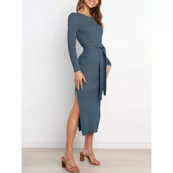 imageANRABESS Womens 2023 Fall Elegant Sweater Dress Long Sleeve Crewneck Tie Waist Slim Rib Knit Slit Bodycon Midi DressDusty Blue