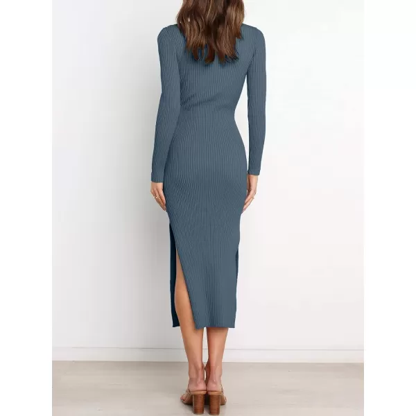 imageANRABESS Womens 2023 Fall Elegant Sweater Dress Long Sleeve Crewneck Tie Waist Slim Rib Knit Slit Bodycon Midi DressDusty Blue