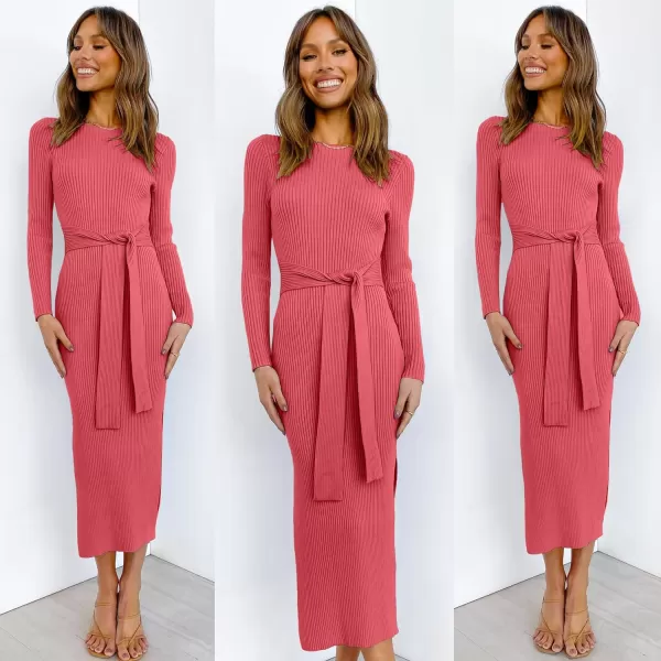 imageANRABESS Womens 2023 Fall Elegant Sweater Dress Long Sleeve Crewneck Tie Waist Slim Rib Knit Slit Bodycon Midi DressMaroon