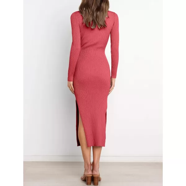 imageANRABESS Womens 2023 Fall Elegant Sweater Dress Long Sleeve Crewneck Tie Waist Slim Rib Knit Slit Bodycon Midi DressMaroon