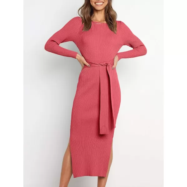 imageANRABESS Womens 2023 Fall Elegant Sweater Dress Long Sleeve Crewneck Tie Waist Slim Rib Knit Slit Bodycon Midi DressMaroon