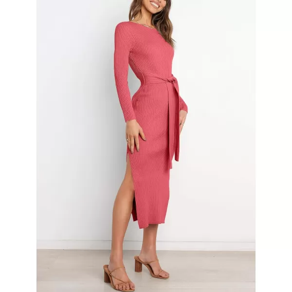 imageANRABESS Womens 2023 Fall Elegant Sweater Dress Long Sleeve Crewneck Tie Waist Slim Rib Knit Slit Bodycon Midi DressMaroon
