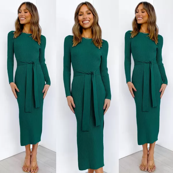 imageANRABESS Womens 2023 Fall Elegant Sweater Dress Long Sleeve Crewneck Tie Waist Slim Rib Knit Slit Bodycon Midi DressOpal Green
