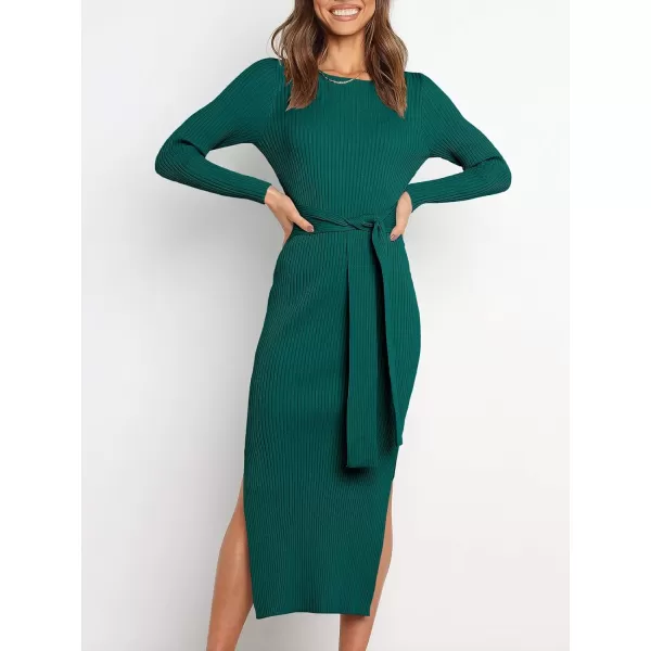 imageANRABESS Womens 2023 Fall Elegant Sweater Dress Long Sleeve Crewneck Tie Waist Slim Rib Knit Slit Bodycon Midi DressOpal Green