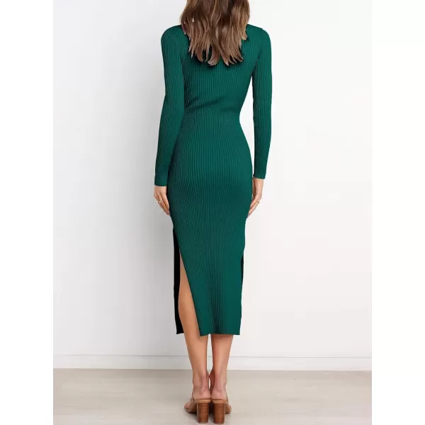 imageANRABESS Womens 2023 Fall Elegant Sweater Dress Long Sleeve Crewneck Tie Waist Slim Rib Knit Slit Bodycon Midi DressOpal Green