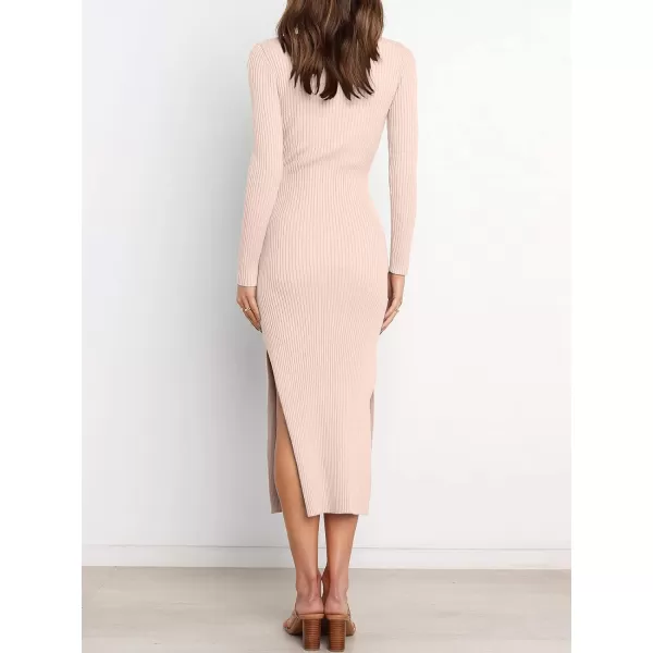 imageANRABESS Womens 2023 Fall Elegant Sweater Dress Long Sleeve Crewneck Tie Waist Slim Rib Knit Slit Bodycon Midi DressPink