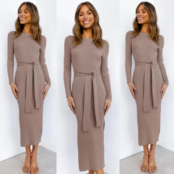 imageANRABESS Womens 2023 Fall Elegant Sweater Dress Long Sleeve Crewneck Tie Waist Slim Rib Knit Slit Bodycon Midi DressPink Almond