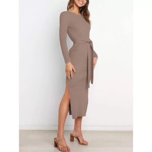 imageANRABESS Womens 2023 Fall Elegant Sweater Dress Long Sleeve Crewneck Tie Waist Slim Rib Knit Slit Bodycon Midi DressPink Almond