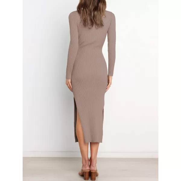 imageANRABESS Womens 2023 Fall Elegant Sweater Dress Long Sleeve Crewneck Tie Waist Slim Rib Knit Slit Bodycon Midi DressPink Almond