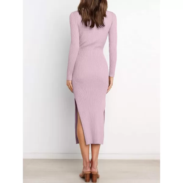 imageANRABESS Womens 2023 Fall Elegant Sweater Dress Long Sleeve Crewneck Tie Waist Slim Rib Knit Slit Bodycon Midi DressPurple