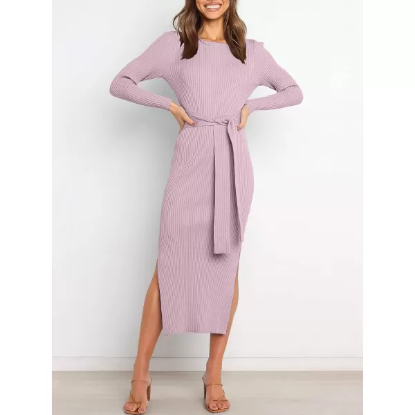 imageANRABESS Womens 2023 Fall Elegant Sweater Dress Long Sleeve Crewneck Tie Waist Slim Rib Knit Slit Bodycon Midi DressPurple