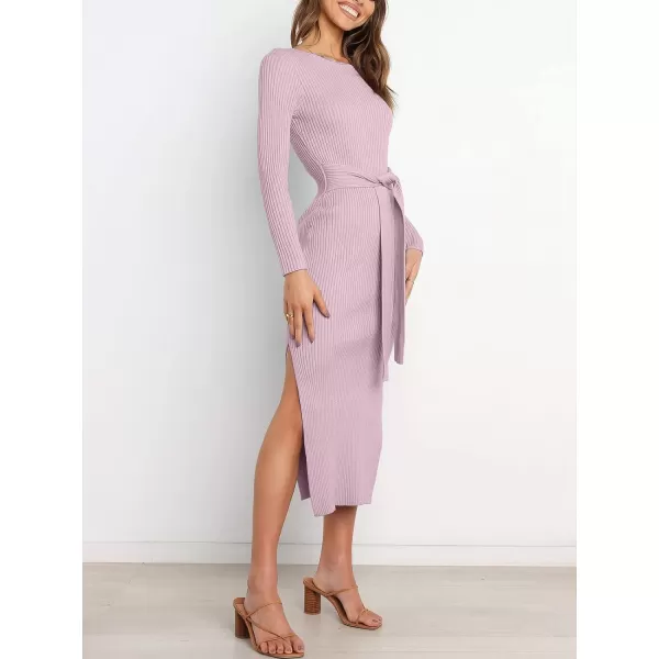 imageANRABESS Womens 2023 Fall Elegant Sweater Dress Long Sleeve Crewneck Tie Waist Slim Rib Knit Slit Bodycon Midi DressPurple