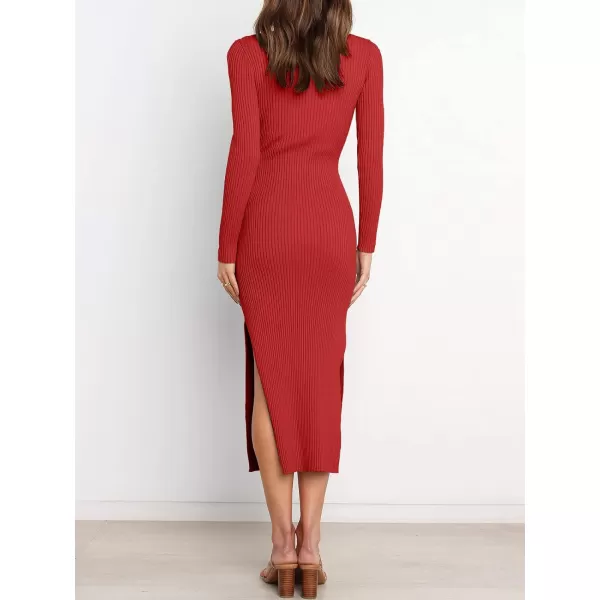 imageANRABESS Womens 2023 Fall Elegant Sweater Dress Long Sleeve Crewneck Tie Waist Slim Rib Knit Slit Bodycon Midi DressRed
