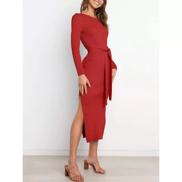 imageANRABESS Womens 2023 Fall Elegant Sweater Dress Long Sleeve Crewneck Tie Waist Slim Rib Knit Slit Bodycon Midi DressRed
