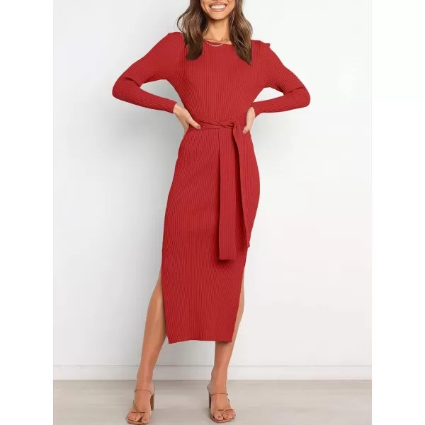 imageANRABESS Womens 2023 Fall Elegant Sweater Dress Long Sleeve Crewneck Tie Waist Slim Rib Knit Slit Bodycon Midi DressRed