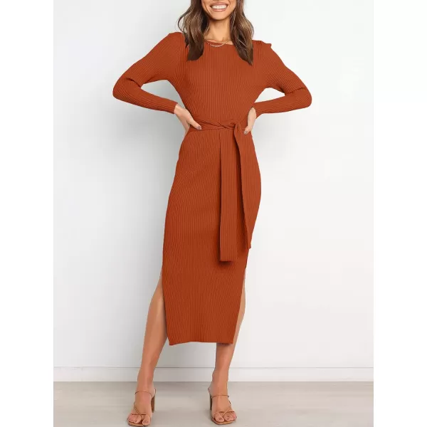 imageANRABESS Womens 2023 Fall Elegant Sweater Dress Long Sleeve Crewneck Tie Waist Slim Rib Knit Slit Bodycon Midi DressRust