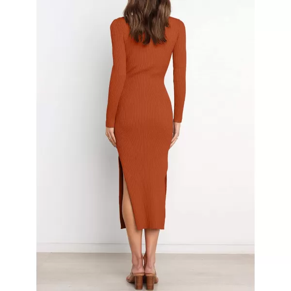 imageANRABESS Womens 2023 Fall Elegant Sweater Dress Long Sleeve Crewneck Tie Waist Slim Rib Knit Slit Bodycon Midi DressRust