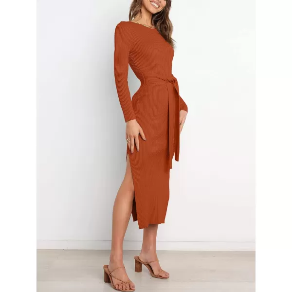 imageANRABESS Womens 2023 Fall Elegant Sweater Dress Long Sleeve Crewneck Tie Waist Slim Rib Knit Slit Bodycon Midi DressRust