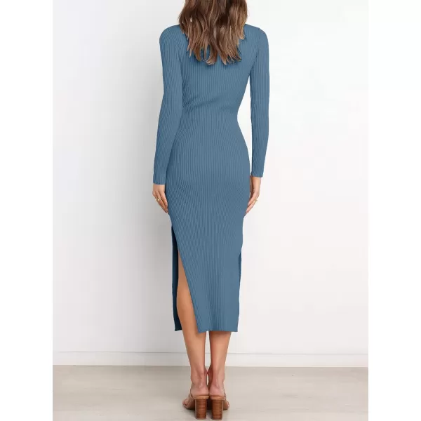 imageANRABESS Womens 2023 Fall Elegant Sweater Dress Long Sleeve Crewneck Tie Waist Slim Rib Knit Slit Bodycon Midi DressTeal