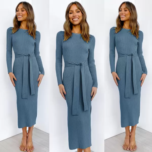 imageANRABESS Womens 2023 Fall Elegant Sweater Dress Long Sleeve Crewneck Tie Waist Slim Rib Knit Slit Bodycon Midi DressTeal