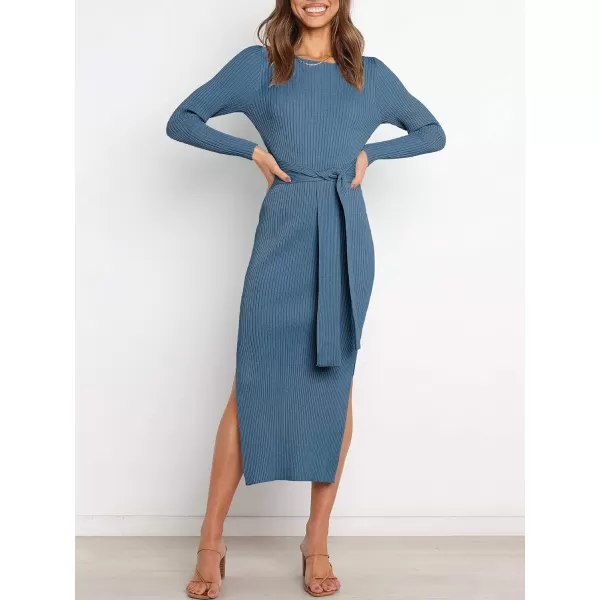 imageANRABESS Womens 2023 Fall Elegant Sweater Dress Long Sleeve Crewneck Tie Waist Slim Rib Knit Slit Bodycon Midi DressTeal